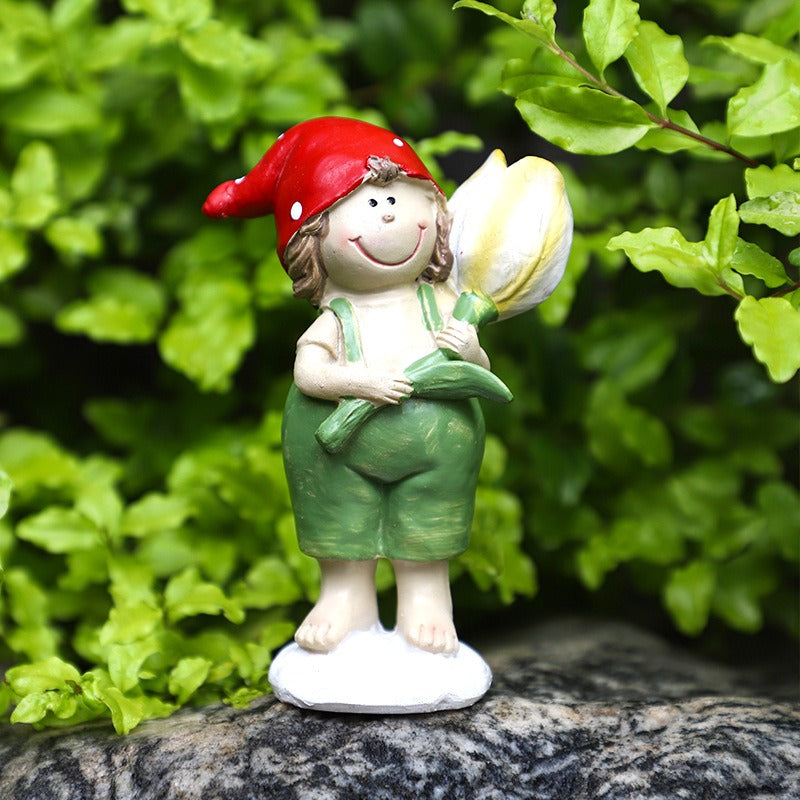 Garden Gnome Statue Holding Flower Resin Figurine for Outdoor Patio, Lawn, Yard and Fairy Garden Decor