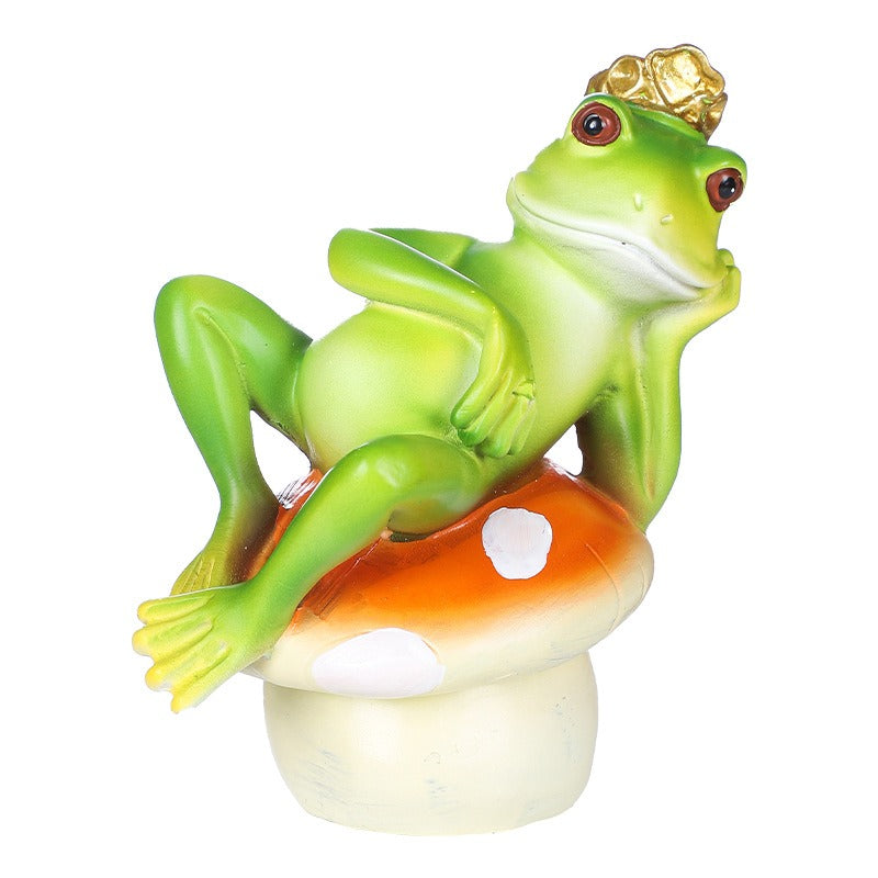 Frog Prince on Mushroom Figurine Resin Frog Statue for Garden, Tabletop, Shelf and Fairy Garden Decor
