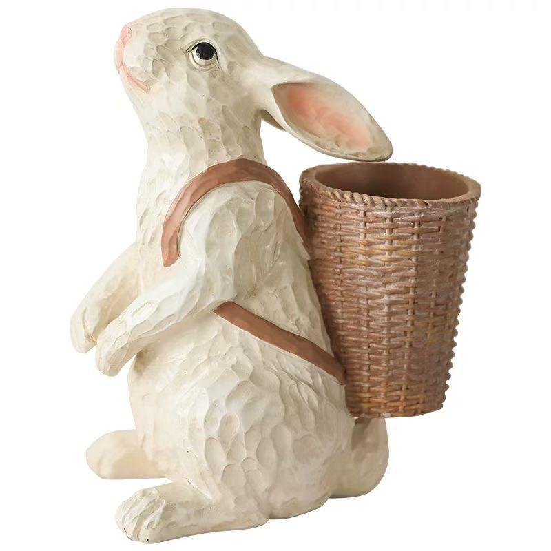 Rabbit Planter Statue with Basket Resin Bunny Flower Pot for Easter, Spring Garden and Home Decor