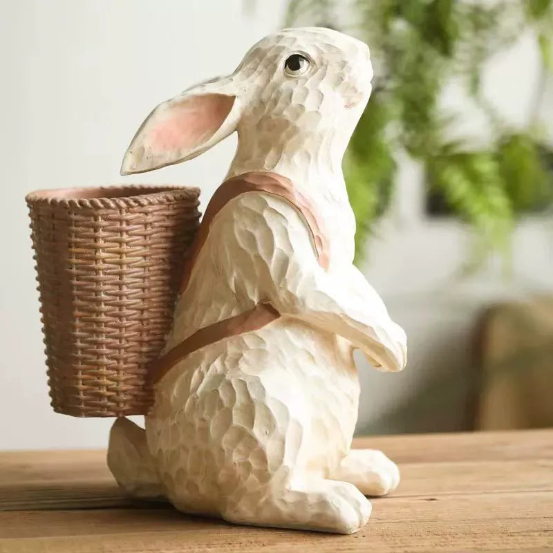 Rabbit Planter Statue with Basket Resin Bunny Flower Pot for Easter, Spring Garden and Home Decor