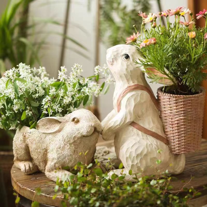 Rabbit Planter Statue with Basket Resin Bunny Flower Pot for Easter, Spring Garden and Home Decor