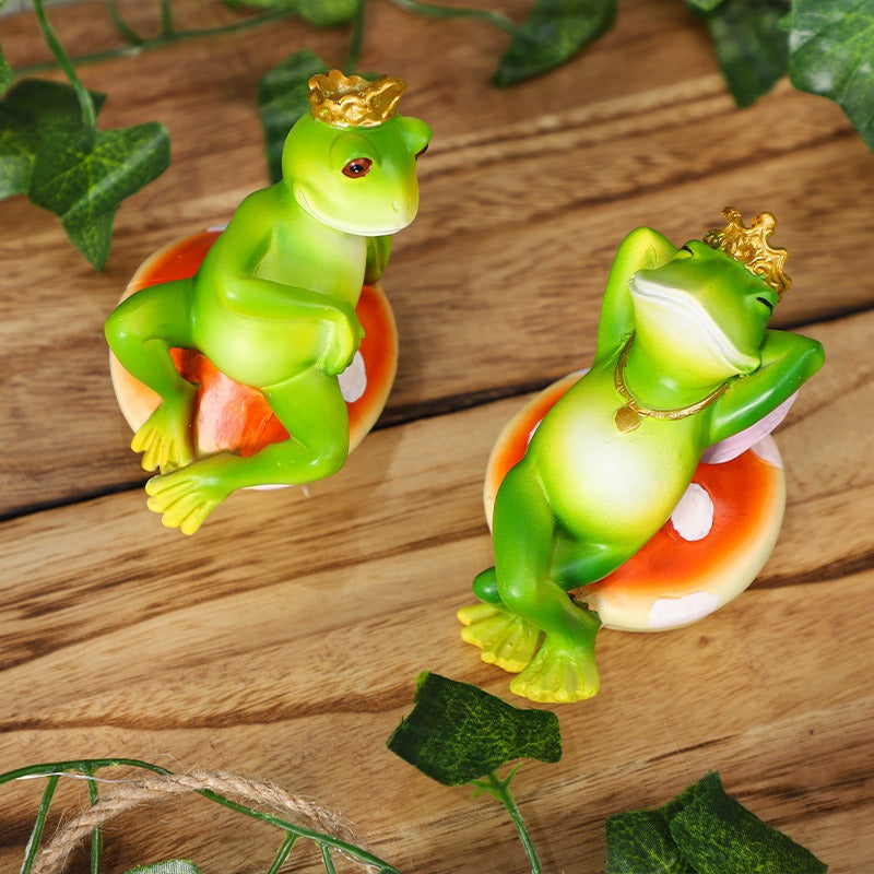 Frog Prince on Mushroom Figurine Resin Frog Statue for Garden, Tabletop, Shelf and Fairy Garden Decor